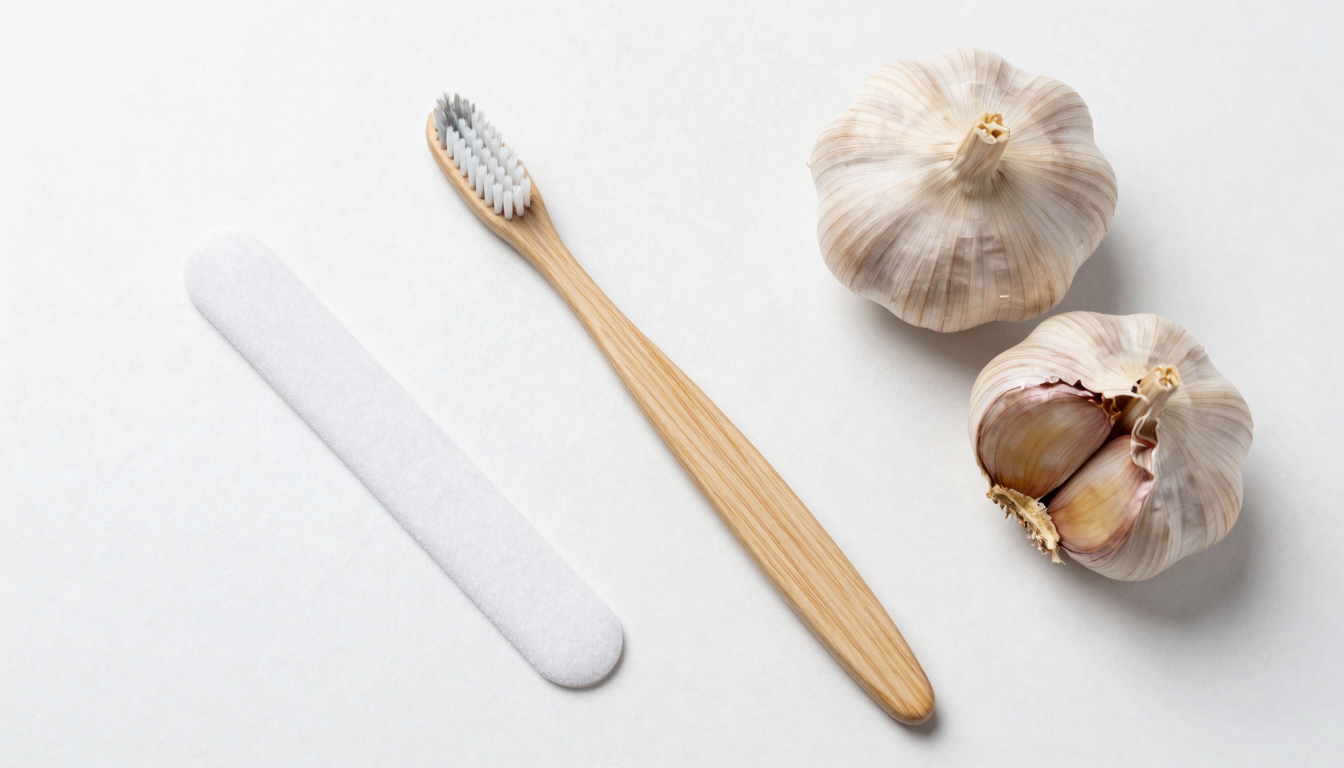 위에서 내려다본 칫솔과 혀클리너, 마늘이 놓인 모습. 칫솔질만으로 해결하기 어려운 입 냄새 원인을 시각화한 사진.