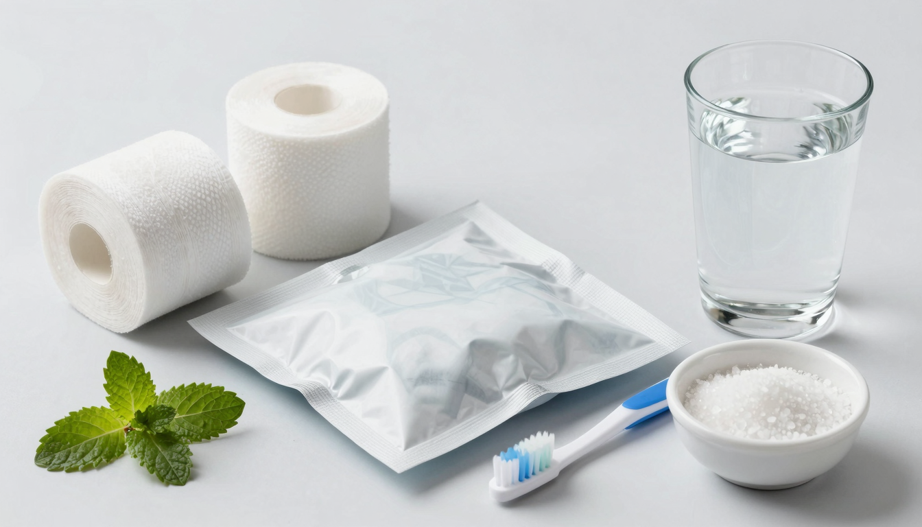 얼음팩, 거즈, 부드러운 칫솔, 물컵, 소금 접시와 민트 잎이 놓인 치과 사후 관리 용품들의 실사 이미지.