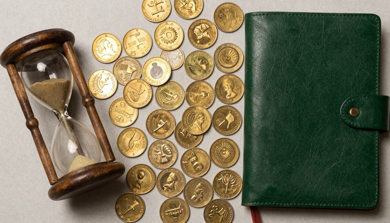 위에서 내려다본 황금 동전들과 모래시계, 그리고 초록색 가죽 장부가 놓여 있는 정물 사진.