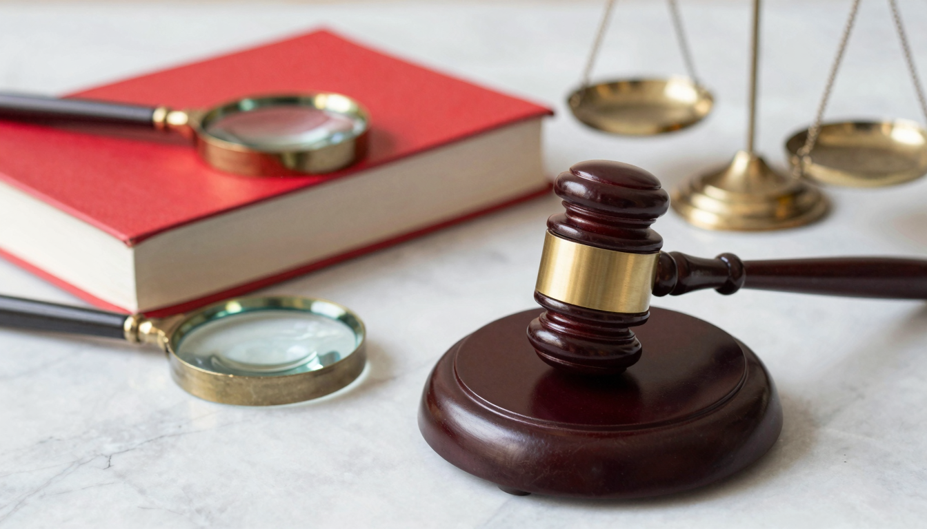 대리석 위 법봉과 두꺼운 법전, 붉은 서류철, 돋보기와 정의의 저울이 놓인 법률 관련 정물 이미지.