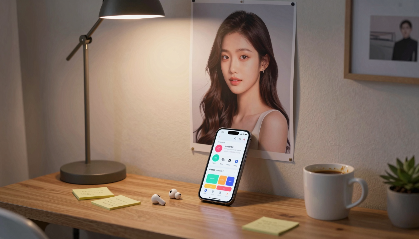 따뜻한 램프 불빛 아래 언어 학습 앱이 켜진 스마트폰과 흩어진 메모지, 벽에 붙은 광고 포스터가 대비되는 저녁의 책상