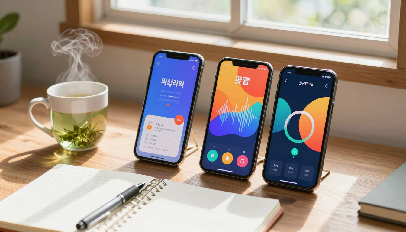햇살 비치는 창가 책상 위에 김이 나는 녹차와 두 대의 스마트폰이 놓여 있고, 각 화면에는 다채로운 언어 학습 인터페이스가 표