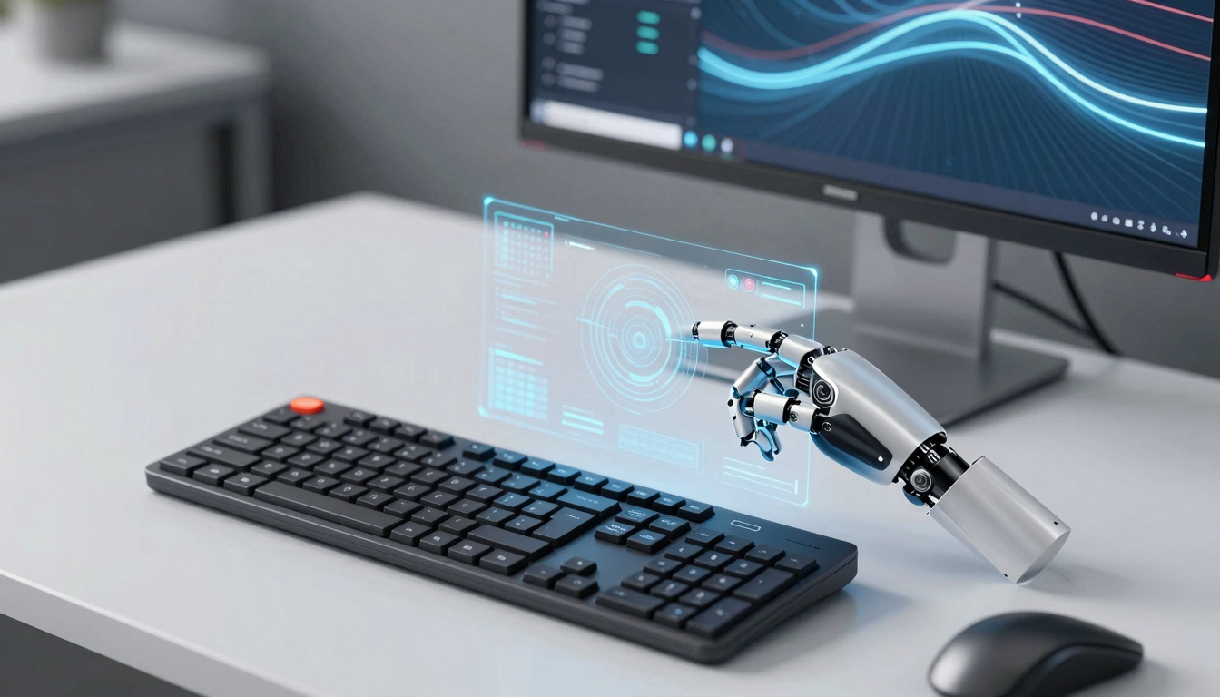 AI 에이전트와 챗봇 비교 AI 에이전트와 일반 챗봇의 차이를 상징하는 디지털 인터페이스와 로봇 손의 상호작용 이미지