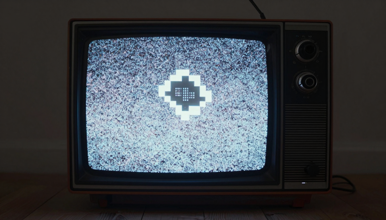 Web3 게임의 몰락과 부활 어두운 방 바닥에 놓인 브라운관 TV 화면의 절반은 노이즈, 절반은 픽셀 세계가 반사되는 모습