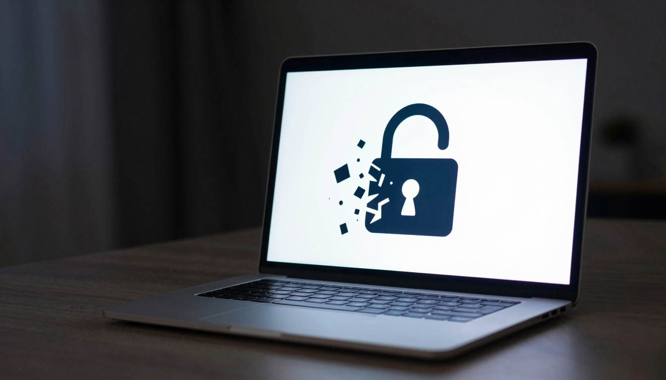 VPN 익명성의 한계를 상징하는 디지털 보안 이미지 어두운 방에서 노트북 화면에 디지털 자물쇠가 조각나며 흩어지는 모습을 통해 온라인 익명성의 허상을 표현한 이미지