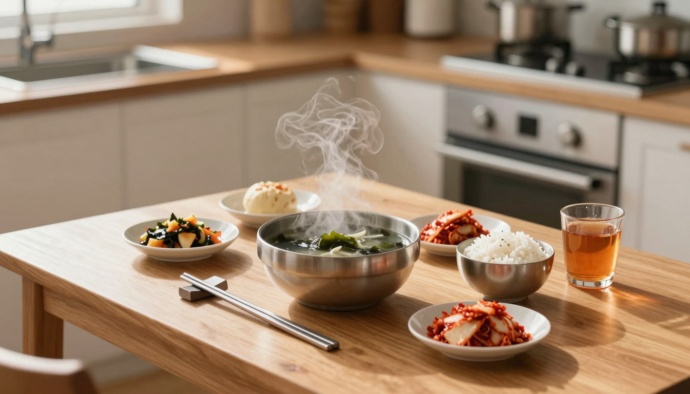 햇살 비치는 부엌의 낮은 나무 밥상에 김이 나는 미역국, 밥, 김치, 반찬과 수저, 차 한 잔이 놓여 있는 따뜻한 아침 정경