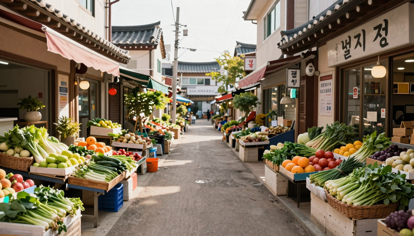 동네 마트 전경 한국 동네 마트 골목에 신선한 야채와 과일이 진열된 모습