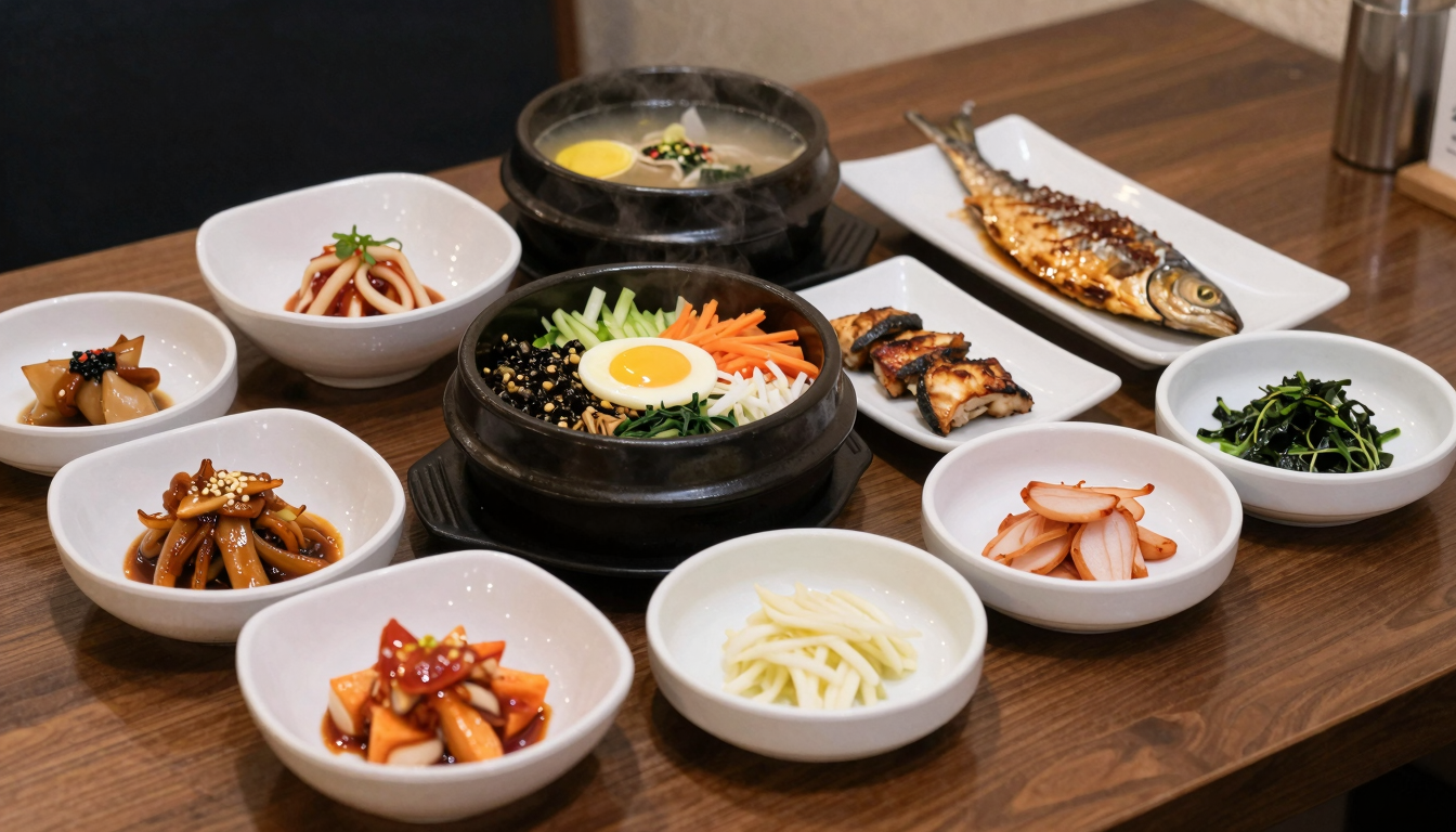 전국 팔도 식도락 여행 대표 음식 한국 전통 그릇에 담긴 전국 팔도 대표 음식들이 한 상에 차려진 모습, 지역별 음식 다양성과 조화를 나타낸 식도락 여행 콘셉트 이미지