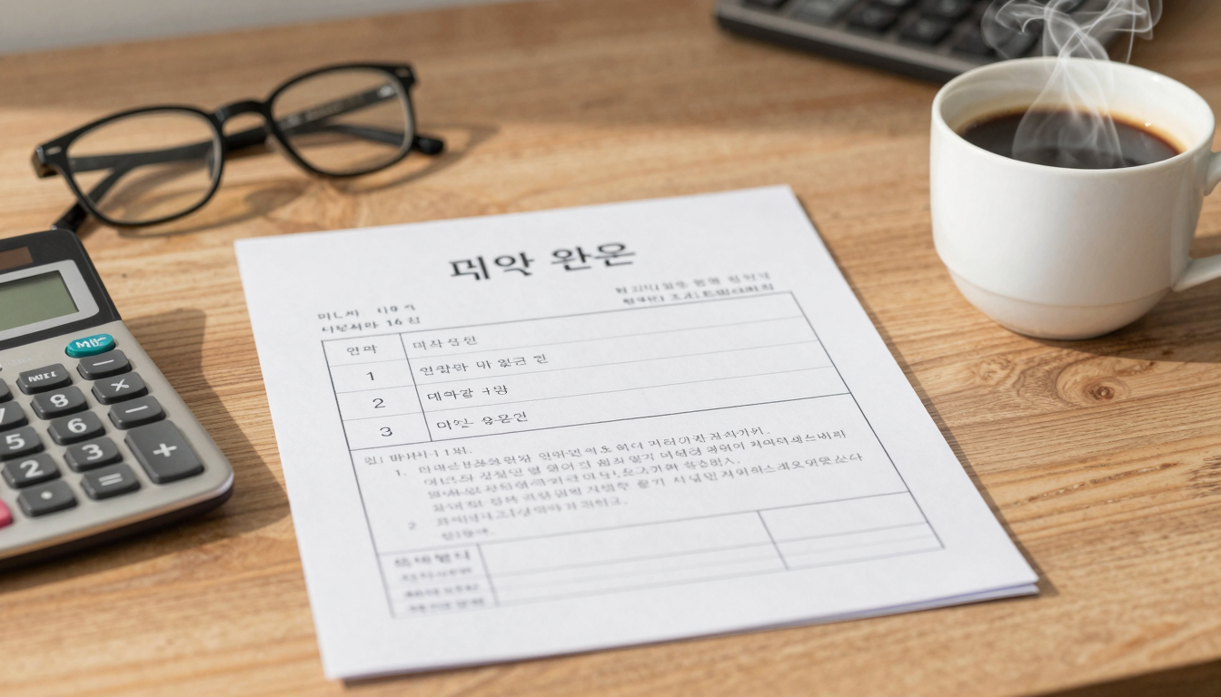 국민연금과 소득활동 병행 따뜻한 햇살 아래 책상 위에 놓인 국민연금 고지서와 계산기, 커피잔이 차분한 분위기를 연출하는 장면