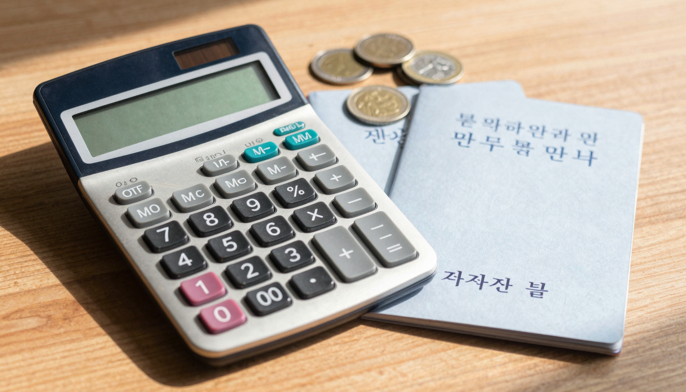 나무 탁자 위에 놓인 계산기와 국민연금 안내 책자, 여러 개의 동전이 햇빛에 비치는 모습을 담은 이미지입니다.