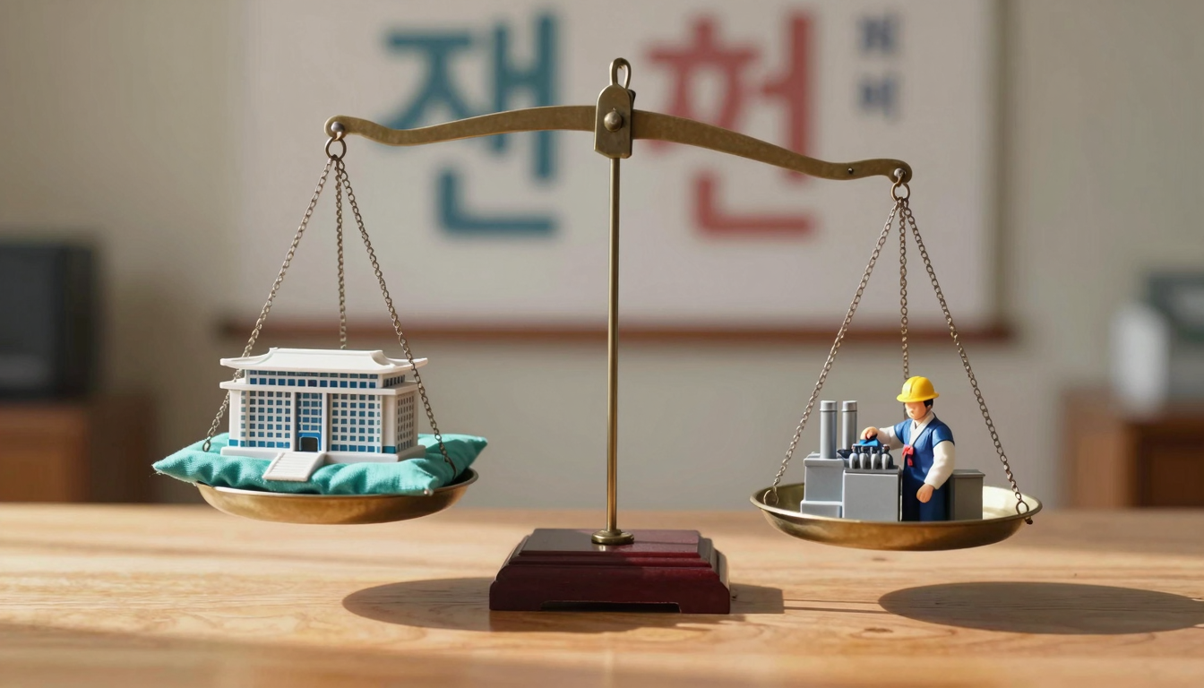 공무원연금과 국민연금의 차이를 저울로 표현한 이미지 전통 저울 한쪽에는 공무원 상징 건물, 반대쪽에는 근로자 안전모가 놓여 연금 수령액의 균형과 차이를 상징적으로 표현한 이미지