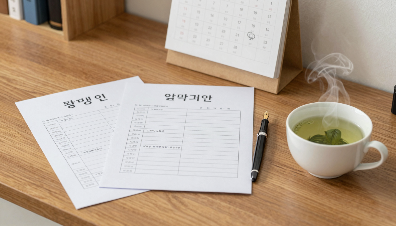 책상 위에 공무원 연금 선택 안내문과 달력, 펜과 차 한 잔이 놓여 있는 차분한 분위기의 생활 이미지