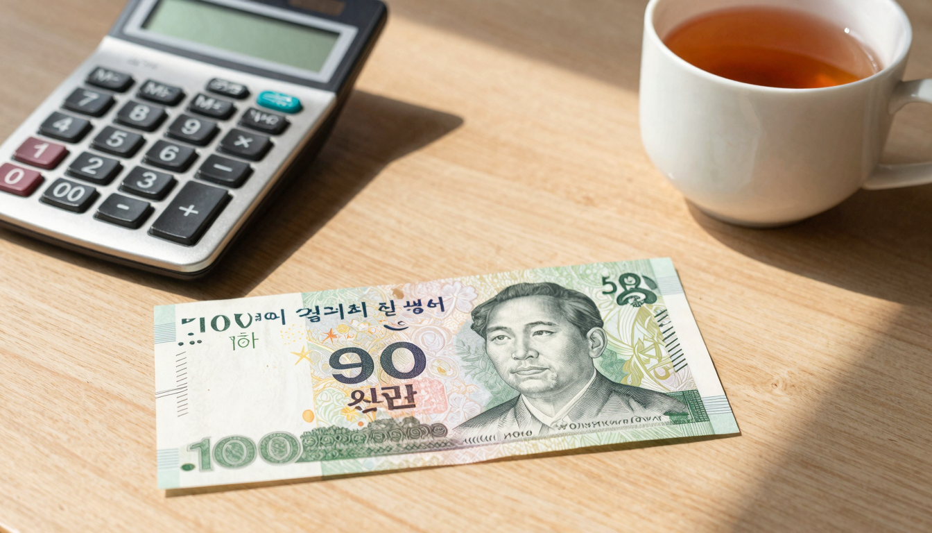 나무 책상 위에 놓인 계산기와 한국 원화, 차 한 잔이 따뜻한 햇살에 비춰지는 모습을 담은 사진