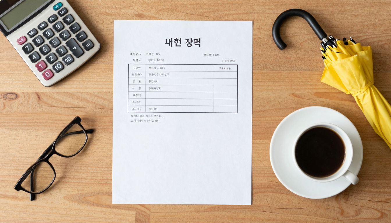 노란우산공제 가입 자격과 매출 기준 검토를 위한 사무용품 책상 위에 놓인 계산기와 세금계산서, 그리고 노란우산이 상징적으로 놓여 있는 모습