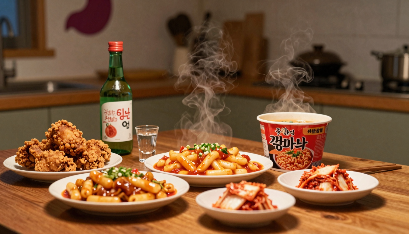 밤의 한국 주방, 나무 테이블 위 김이 나는 떡볶이와 치킨, 김치, 컵라면, 소주, 벽에 위 모양 실루엣