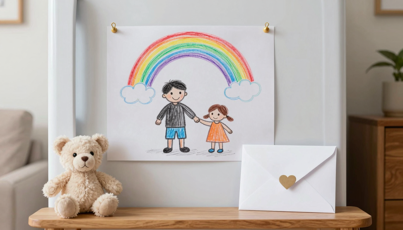 아이 그림이 붙은 냉장고와 하트 편지봉투, 인형이 놓인 아늑한 집 풍경