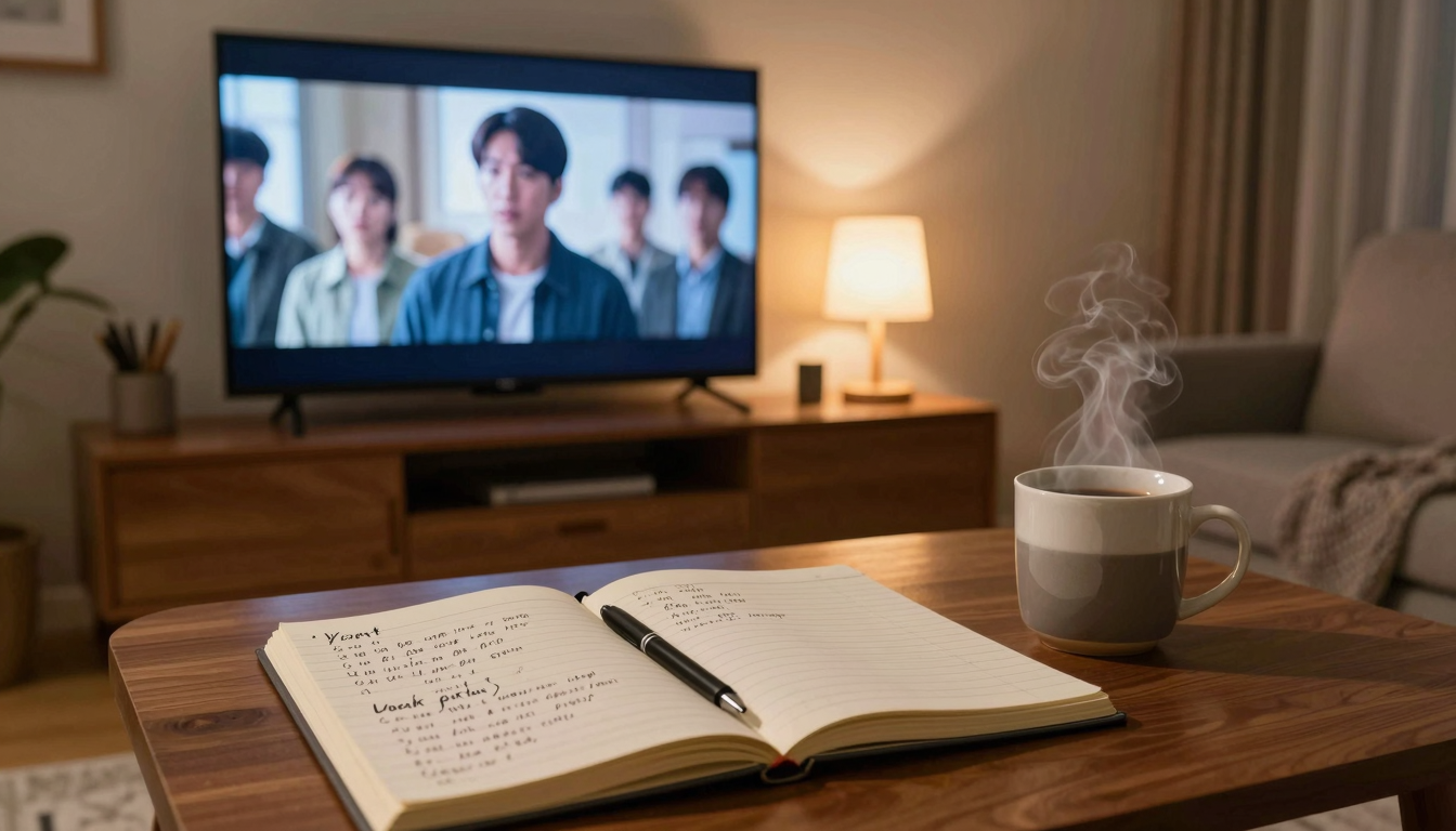밤늦은 거실, 대형 TV에 멈춘 영화 장면과 나무 테이블 위 필기 노트, 따뜻한 램프와 김이 오르는 머그잔이 놓인 아늑한 독학