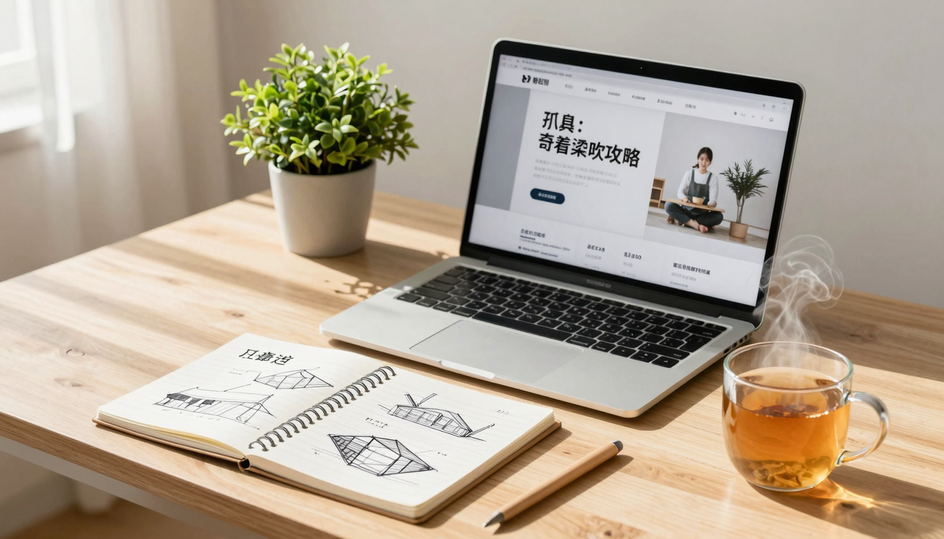 햇살 비친 창가 책상 위 노트북에 깔끔한 발표 슬라이드 템플릿이 띄워져 있고, 그 옆 노트에는 연필로 쓴 헤드라인 구조 스케치
