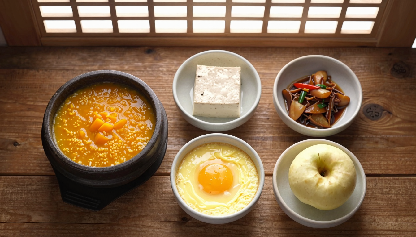 위에서 내려다본 소박한 나무 식탁 위에 돌솥 호박죽, 계란찜, 순두부조림, 사과퓨레가 놓여 있고, 한지 창호 너머 따뜻한 아침