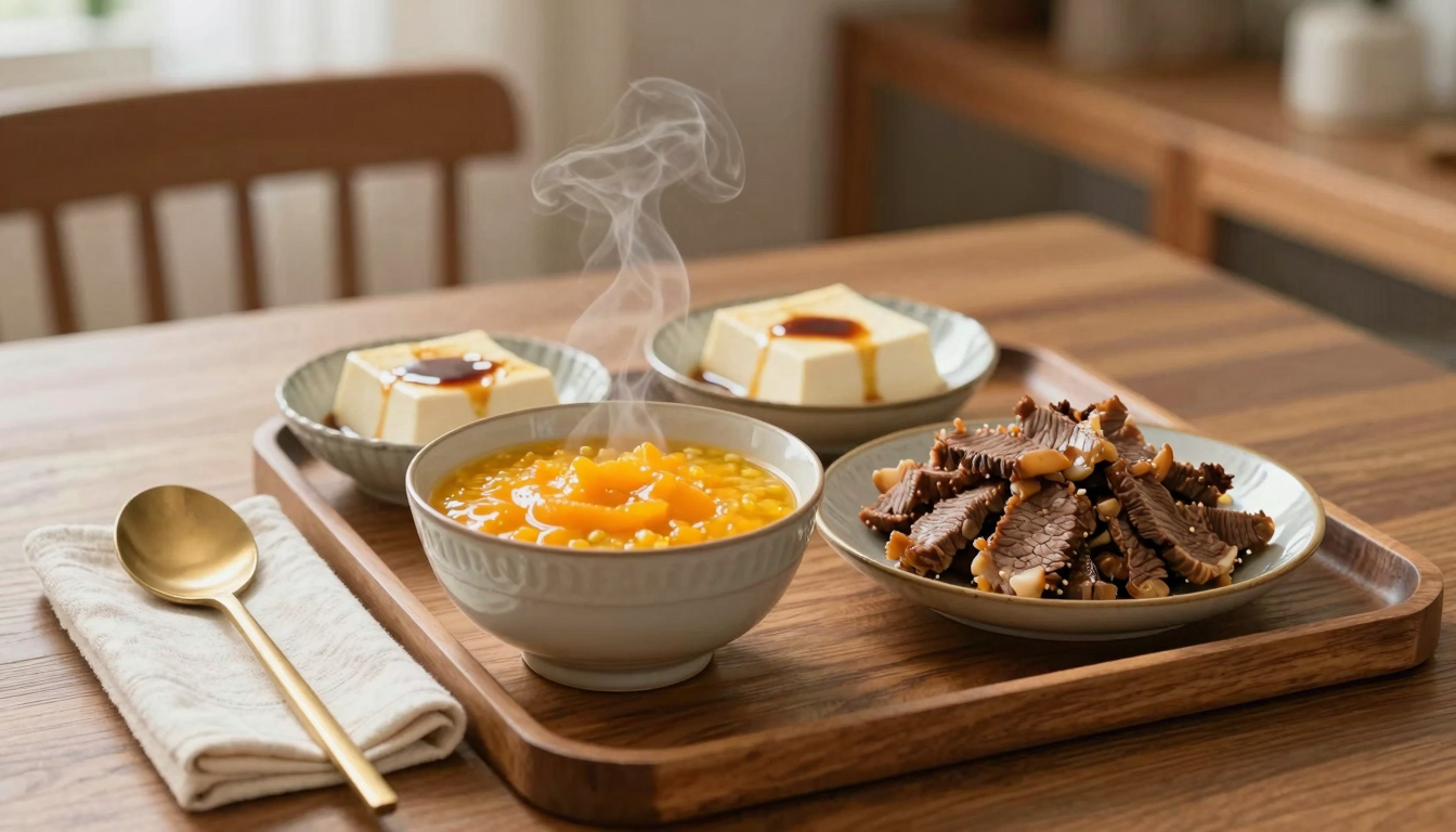 은은한 아침 빛이 감도는 식탁 위, 나무 쟁반에 놋수저, 호박죽, 순두부, 장조림, 계란찜이 김이 오르며 차려져 있다.