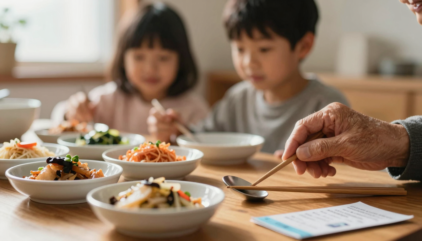 따스한 햇살 아래 식탁에 놓인 반찬과 수저, 음식 앞에서 머뭇거리는 어르신의 손과 흐릿한 가족