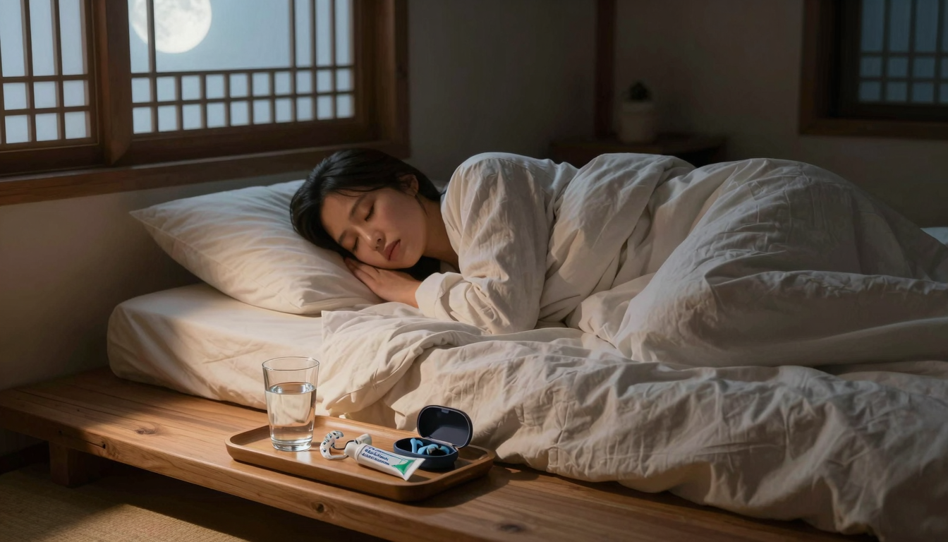 은은한 달빛이 비스듬히 스민 전통 창호지 방 안, 어지러이 뒤척인 낮은 평상과 그 옆 물컵, 열린 이갈이 장치 케이스, 시린이