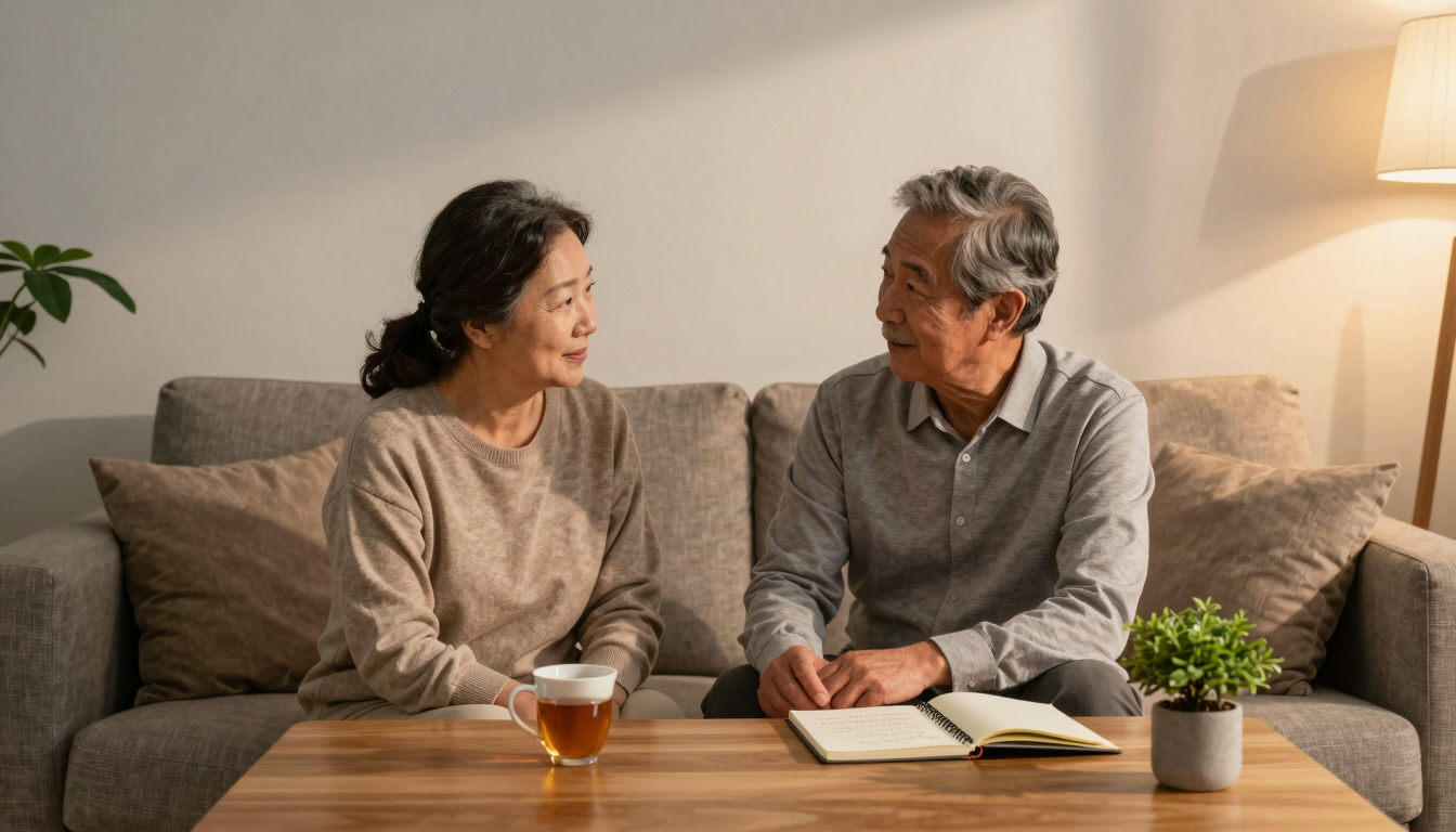 스한 조명 아래 차와 노트가 놓인 거실 테이블, 혼녘 부부의 치유 대화를 암시하는 정겨운 풍경
