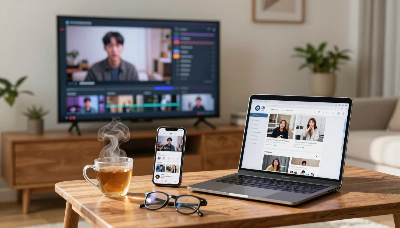 따뜻한 오후, 거실 테이블 위에 브이로그 편집 화면의 TV, 인스타그램을 보여주는 폰, 블로그 대시보드 노트북, 차와 안경이