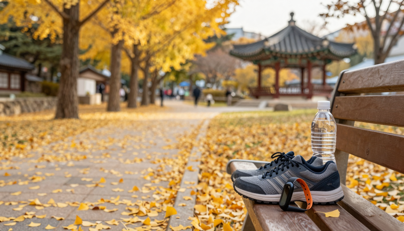 은행잎 깔린 가을 산책로 벤치 위 낡은 운동화, 물병, 트래커. 따뜻한 오후 빛 속 희미한 한옥 정자.