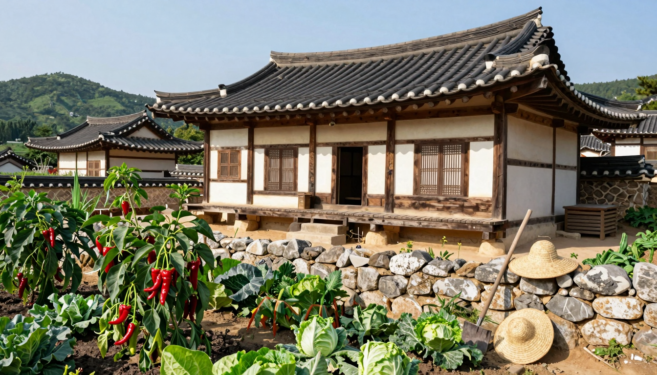 햇살 비치는 전통 한옥과 기와지붕, 나무 마루 앞 텃밭에 빨간 고추와 배추가 자라고 밀짚모자와 호미가 돌담에 기대어 있는 농촌