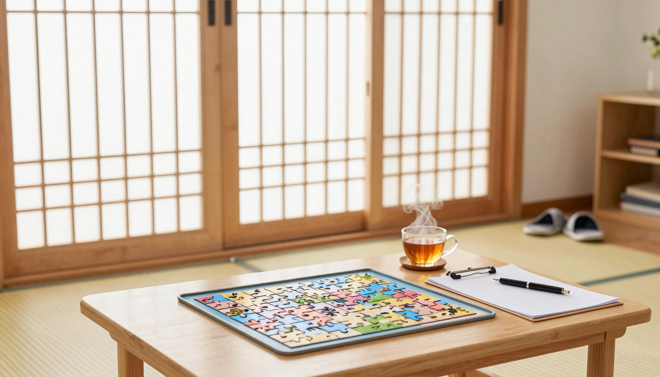 아침 햇살 받은 경로당 공용실, 한지 문 앞 낮은 탁자에 김이 나는 찻잔과 직소 퍼즐, 빈 서류판과 펜, 문가 실내화가 평화로