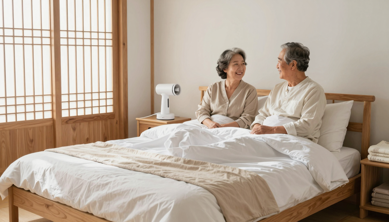 햇살 비치는 시니어 부부의 침실, 깔끔하게 정돈된 나무 침대 위 흰색과 베이지 침구, 작은 탁자 위 손 스팀기, 선반에 접힌