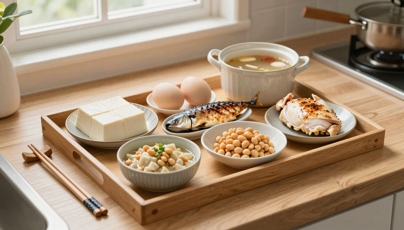 따뜻한 햇살 아래 나무 쟁반에 담긴 순두부, 계란찜, 고등어구이 등 시니어를 위한 가성비 단백질 식단