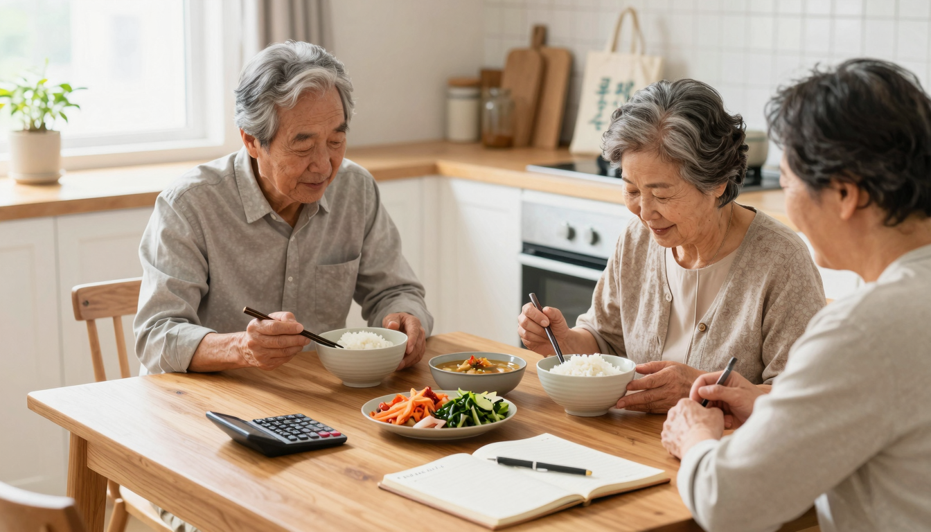 햇살 비추는 부엌 식탁 위에 두 사람분 소박한 집밥과 함께 계산기, 가계부, 펜, 장바구니가 놓여 은퇴 부부의 식비 관리를 보