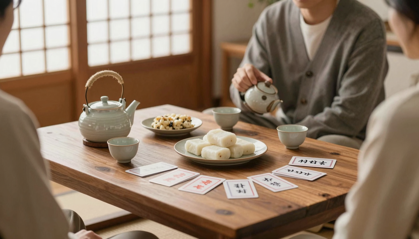 따뜻한 거실에서 차와 떡, 화투를 즐기며 정겨운 오후를 보내는 시니어들의 새로운 우정 모임 풍경.