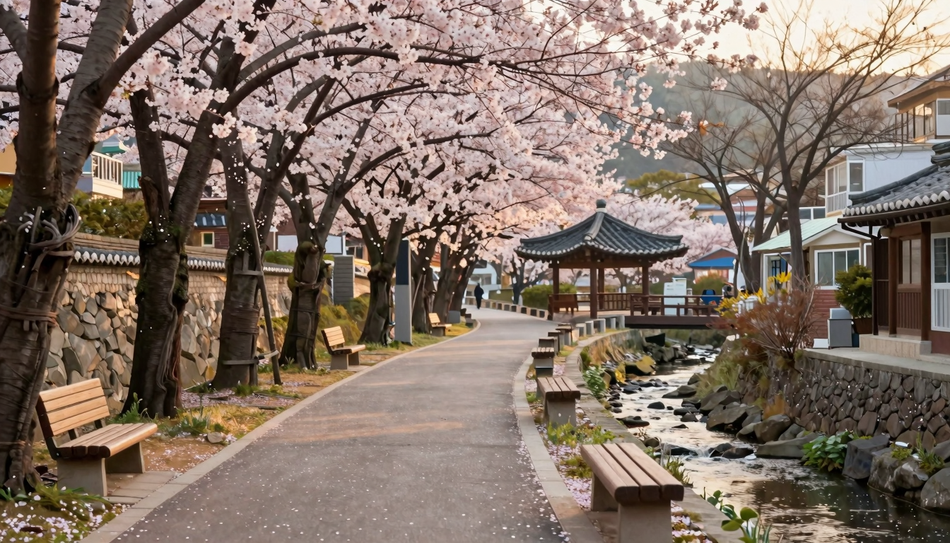 꽃이 흐드러진 동네 산책길, 개울 옆 치와 멀리 정자가 보이는 평화로운 아침 풍경