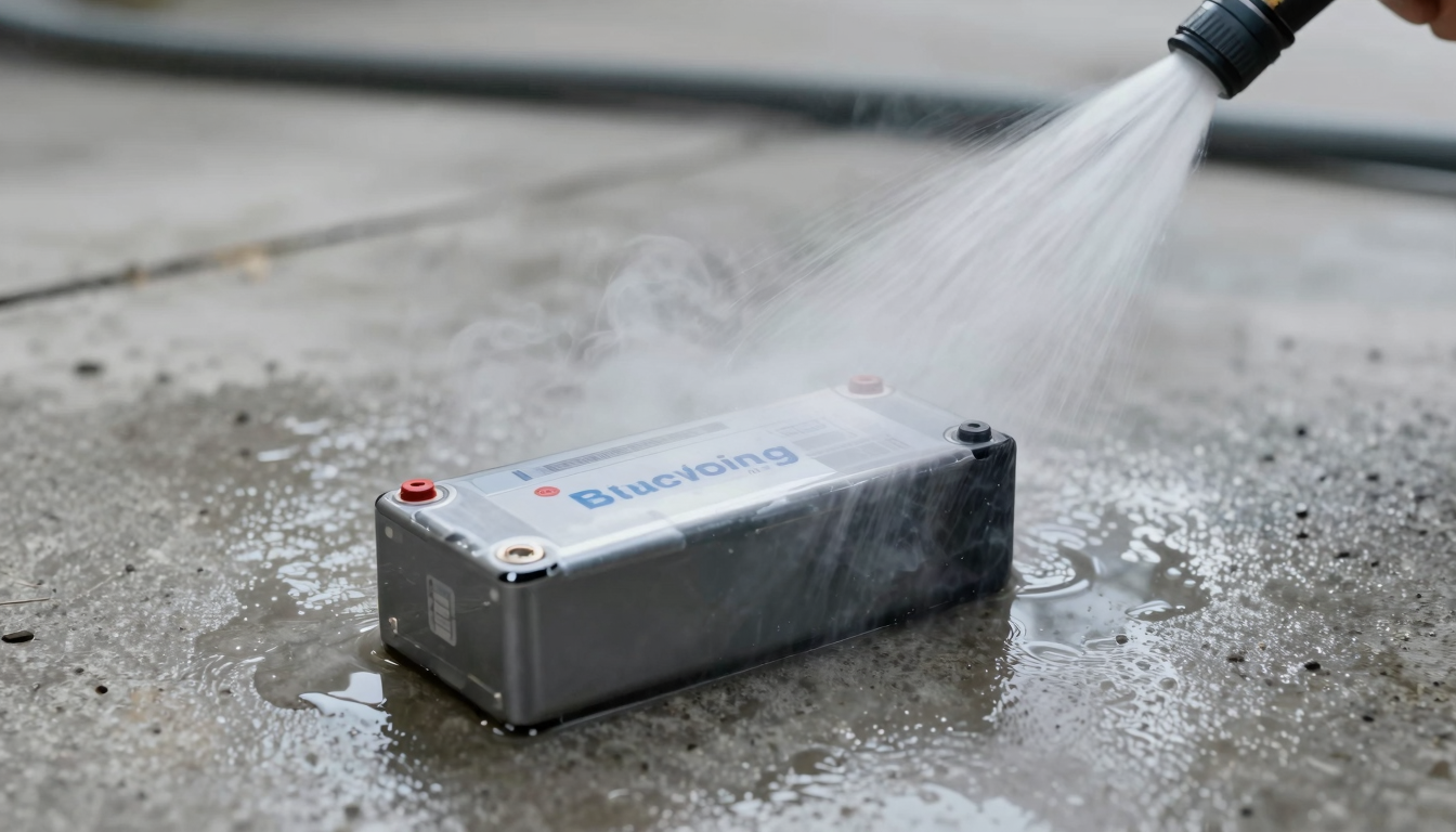 물로 냉각 중인 리튬이온 배터리 화재 진압 장면