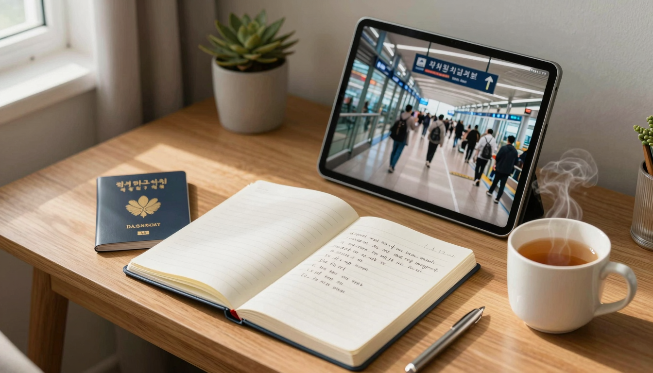 뜻한 아침 햇살 아래 나무 책상 위에 펼쳐진 노트와 여권, 보리차, 공항 터미널이 보이는 태블릿이 놓인 아늑한 서재