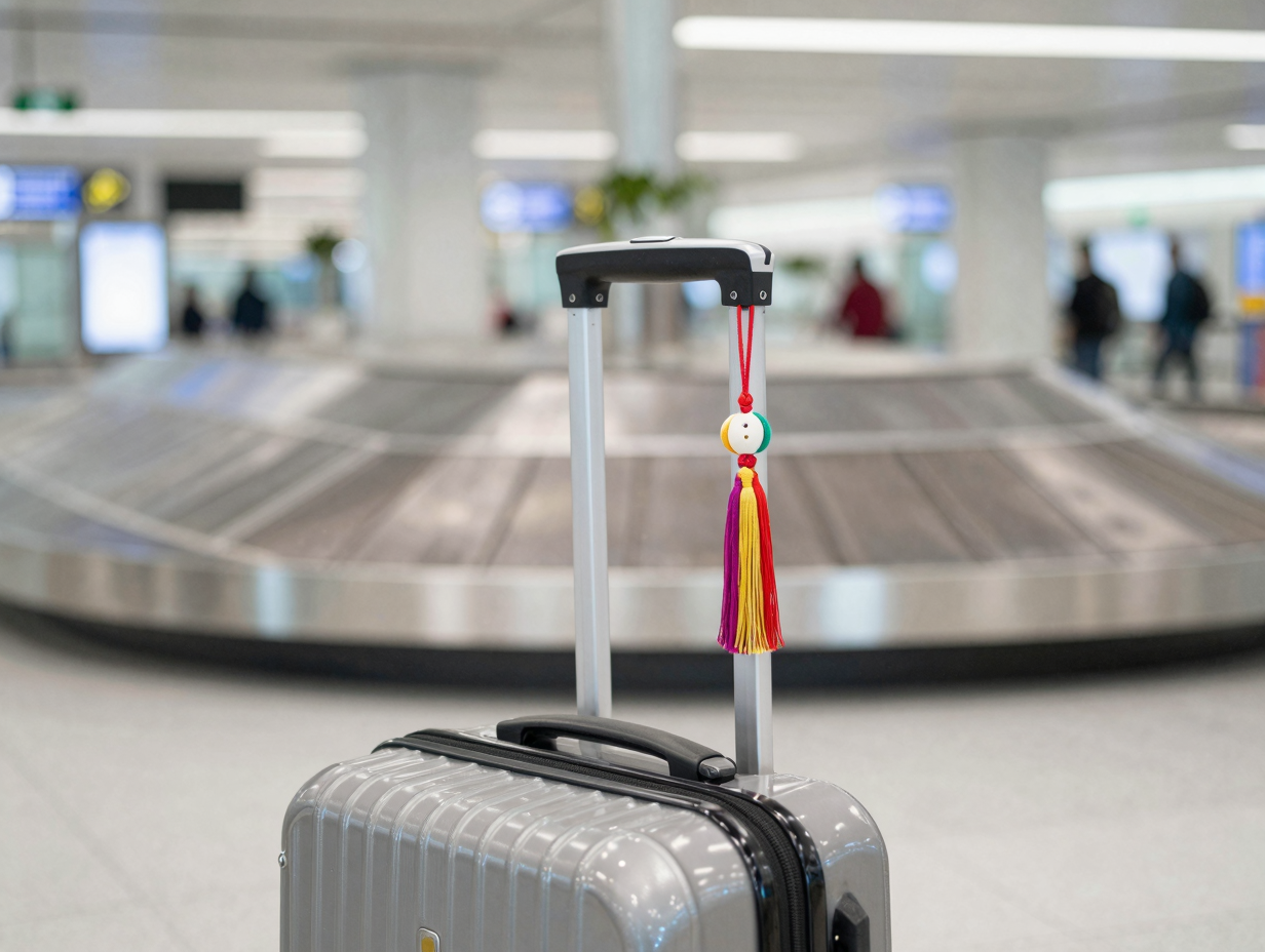흐릿한 공항 도착장을 배경으로 수하물 벨트 위에 놓인 여행용 가방에 전통 노리개가 달려 있는 모습