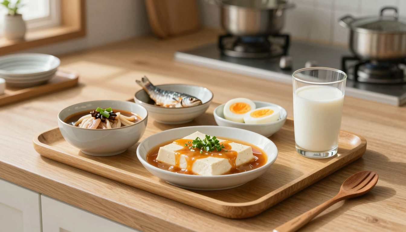 은은한 아침 햇살 아래, 순두부찌개와 생선찜, 달걀, 두유가 전통 식기에 담겨 정갈하게 차려진 시니어 영양식