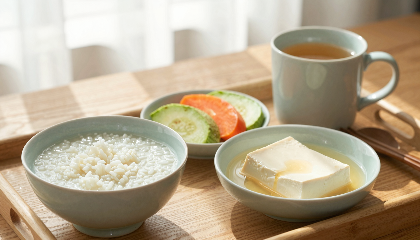 부드러운 볕이 드는 창가에 흰죽과 찐 애호박, 당근, 순두부, 보리차를 청자 그릇에 정갈히 차린 위장 약한 이를 위한 아침상.