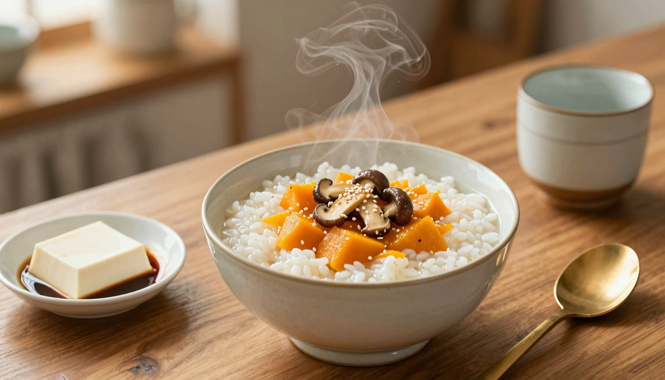 따뜻한 조명 아래 부드러운 호박죽과 순두부, 놋수저와 찻잔이 차려진 정겨운 식탁