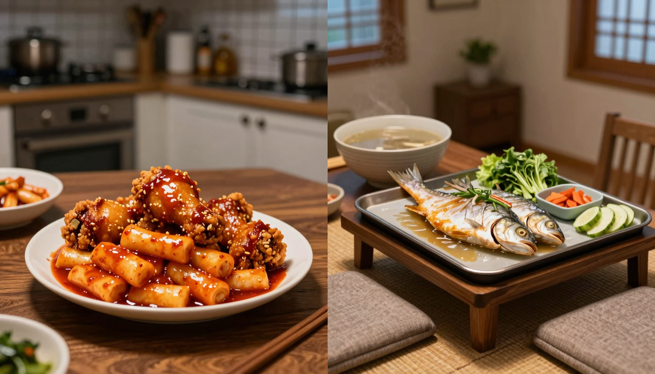 저녁 어두운 부엌, 왼쪽엔 기름진 치킨과 붉은 떡볶이, 오른쪽엔 김이 오르는 생선찜과 맑은 국이 놓인 낮은 밥상
