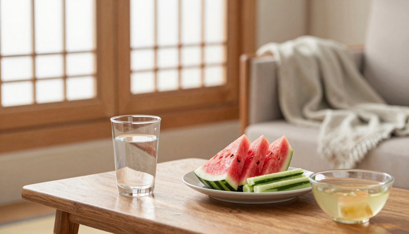한지 창문 햇살이 비치는 아늑한 거실의 나무 탁자 위에 물컵, 수박, 오이, 미역국이 놓여 어르신의 수분 섭취를 돕는 모습