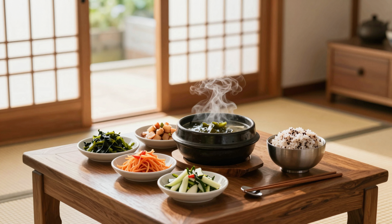 한옥의 낮은 나무 밥상에 김이 오르는 미역국과 잡곡밥, 여러 나물 반찬이 차려지고, 문살 사이로 오후의 따뜻한 햇살이 비친다.