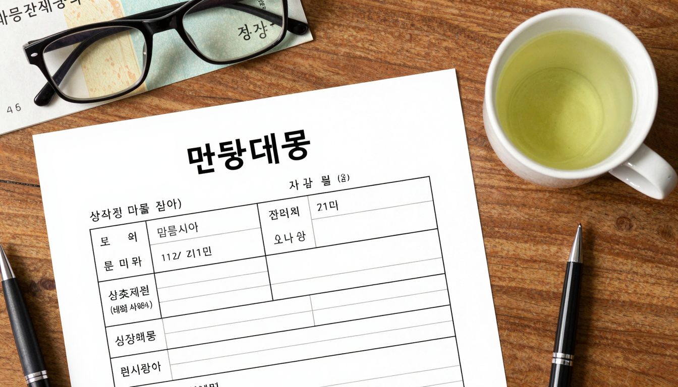 기초연금 신청 준비물 기초연금 신청서와 통장 사본, 필기구가 가지런히 놓인 책상 위 모습