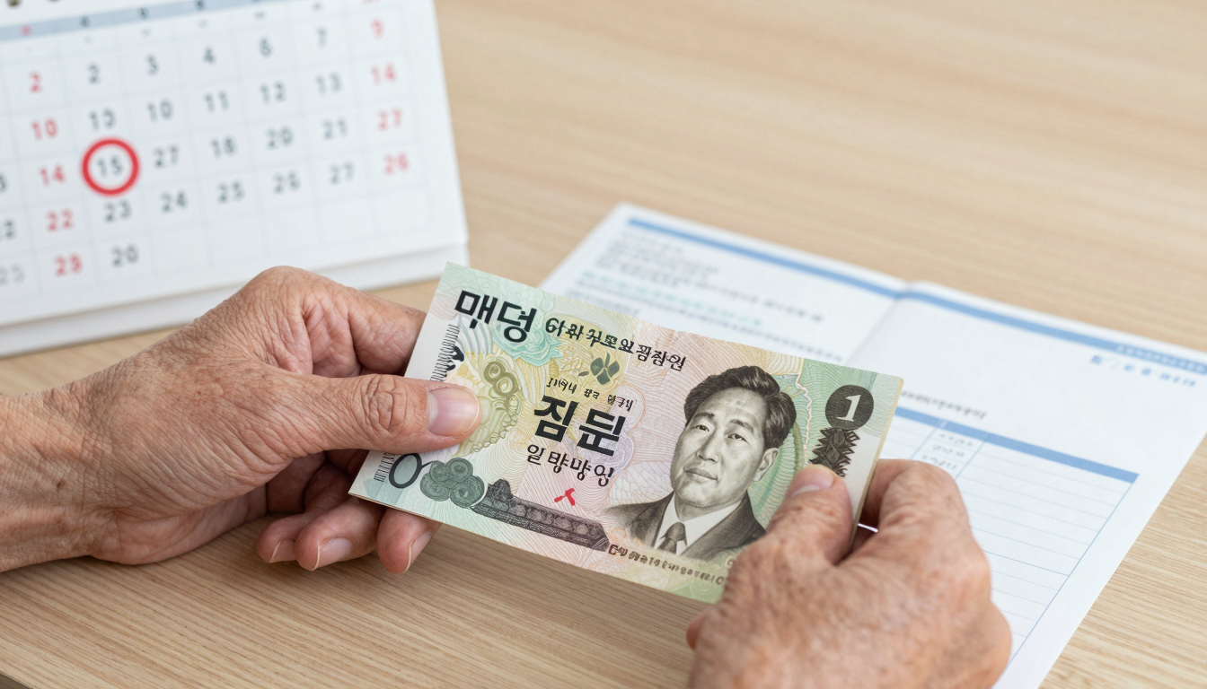 기초연금 지급일과 금액 확인 나무 테이블 위에 놓인 통장과 연금 지급 명세서, 25일에 동그라미가 그려진 달력이 함께 있는 모습