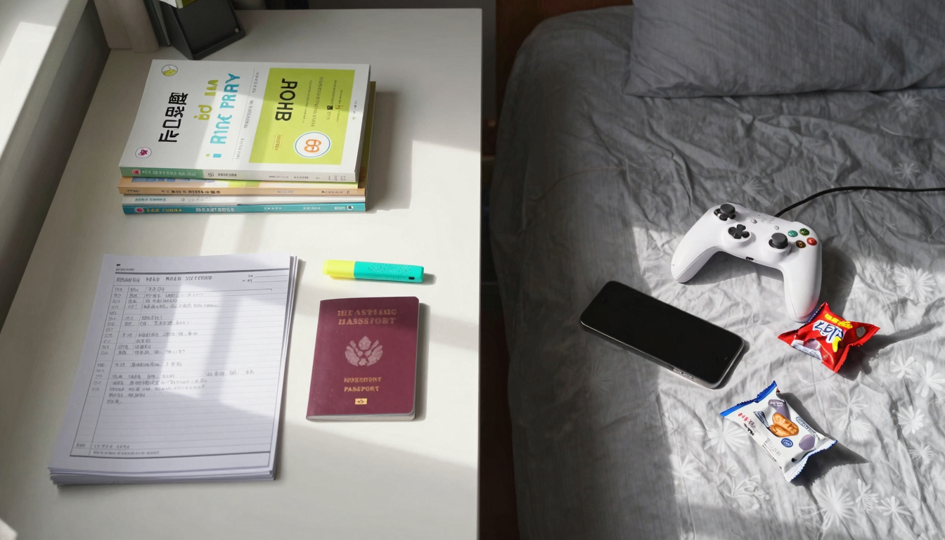 햇살 비친 책상, 정리된 어학책과 여권 한쪽, 게임기와 과자봉지 어지러운 반대편, 유학 준비의 딜레마