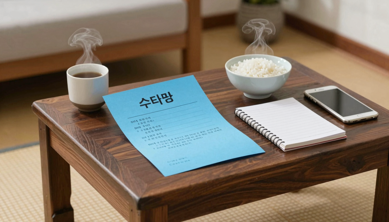 전통 거실의 낮은 테이블 위에 놓인 유자차와 흰 죽, 뒤집힌 예약증과 수첩 옆 스마트폰