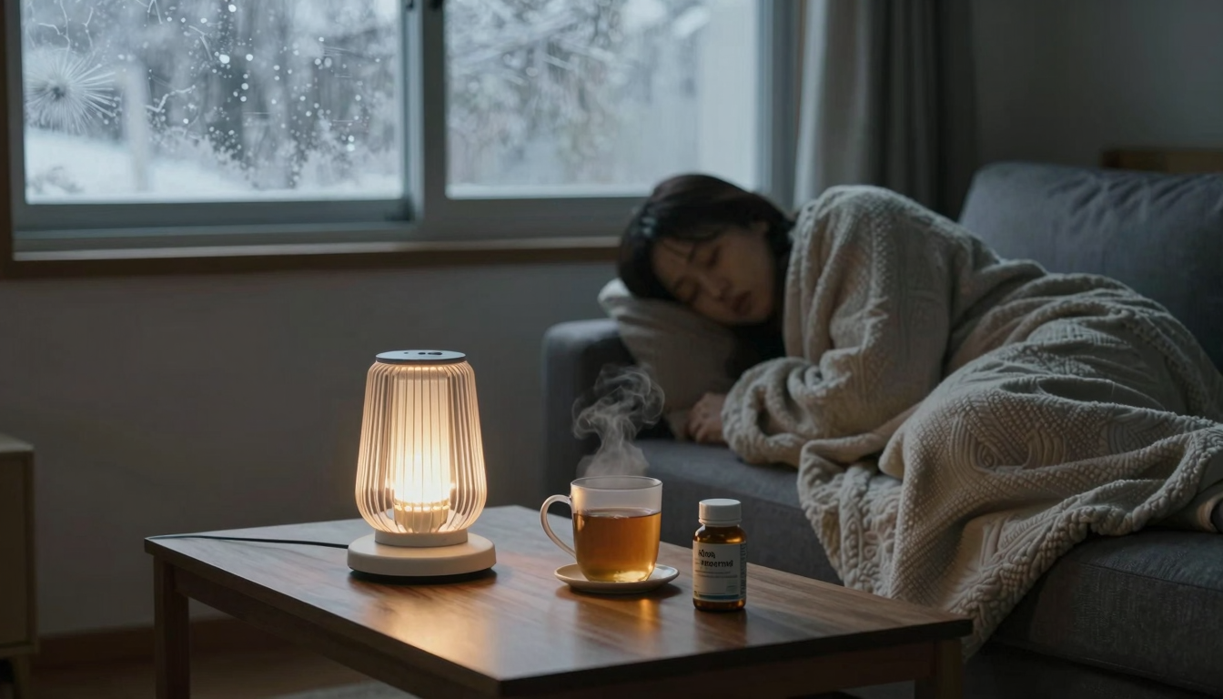 겨울 오후 거실, 서리 낀 창문 너머 희미한 빛이 비추고 낮은 나무 탁자 위에 광선 치료 램프, 김이 나는 차, 비타민D 영양